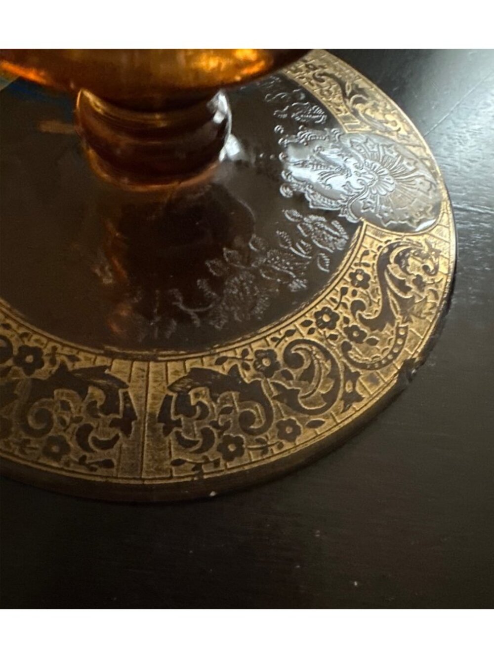 Amber Color Glass Console Bowl Candle Holders Etched Mid Century - Picture 12 of 12